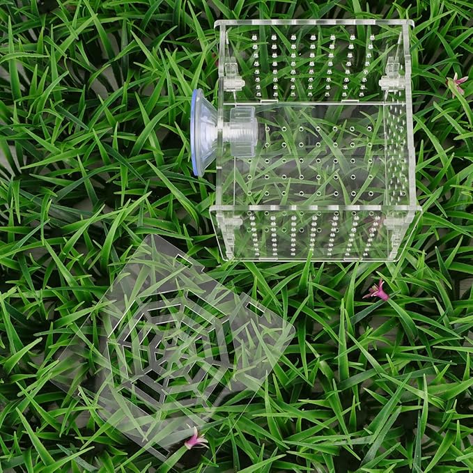 Acrylic Fish Breeding Tank with 2mm Round Hole Suction Cups 10x10x10cm Isolation Box for Aquarium Fish Hatchery and Fry Nursery