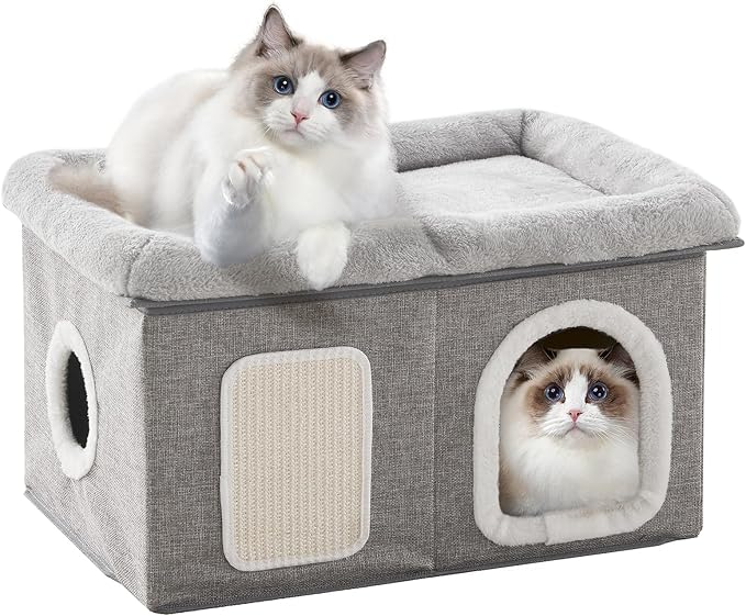 WINDRACING Cat Beds for Indoor Cats - Extra Wide Cats House for Pet and Foldable Kitten Cave Bed with Scratch Pad, Cat Hideaway Condo for Kitten, 23.4x15.9x13.2 inches, Light Grey