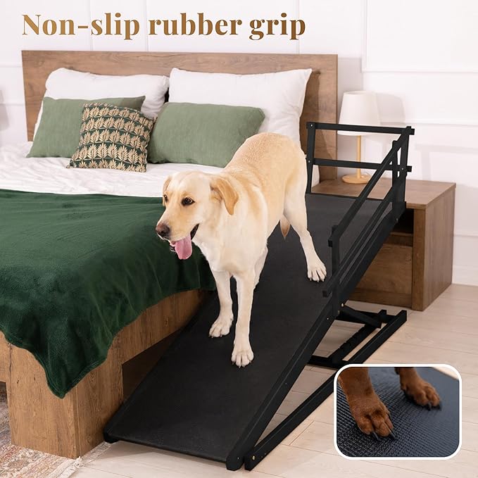 Dog Ramp for Bed with Safety Rails for High Beds up to 37" – Extra Wide 19.5" Adjustable Dog Bed Ramp for Large Dogs up to 200 lbs – Solid Birchwood, Non-Slip Rubber Surface, Foldable Design – Black