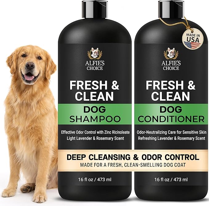 ALFIE'S CHOICE Fresh & Clean Dog Shampoo and Conditioner Set | 16 fl oz Each | Lavender & Rosemary | Deep Cleansing for Smelly Dogs | Deodorizing & Odor Control