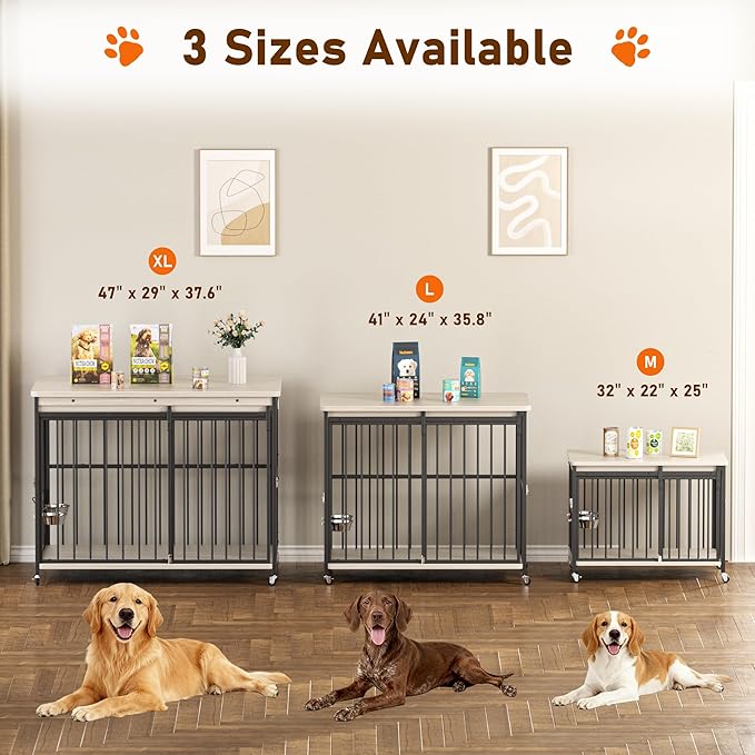 Dog Crate Furniture, 47’’ Wooden Dog Kennel Indoor with Sliding Front Door, Multi-Side Openings & Feeding Window Pet Cage House as TV Stand, End Table(Beige)