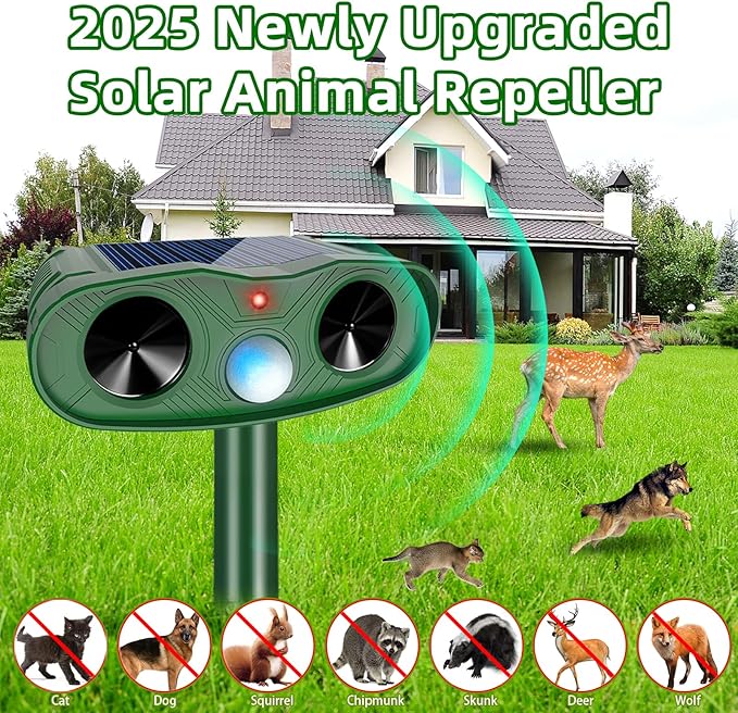 2026 Solar Ultrasonic Animal Repellent Outdoor Deer Repellent Devices, 4Pack Cat Repellent Outdoor with Motion Sensor, Squirrel Repeller to Scare Squirrel Rabbit Deterrent for Yard Farm