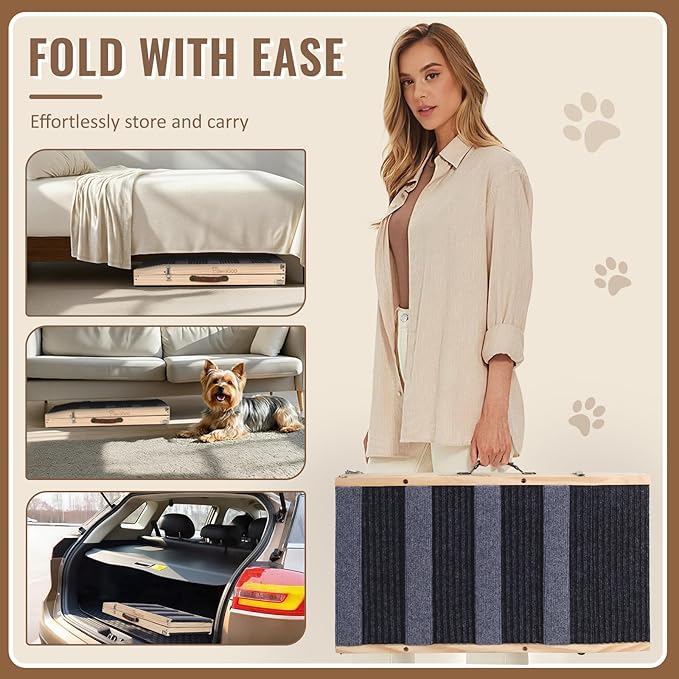 Pawaboo Dog Ramp for Small Dog, 57'' Foldable Dog Ramp for Bed, 5 Adjustable Height from 19.7'' to 30'', Portable Stable Pet Steps with Dogs Tag & Safety Side Rails, Pet Ramps for Bed Couch