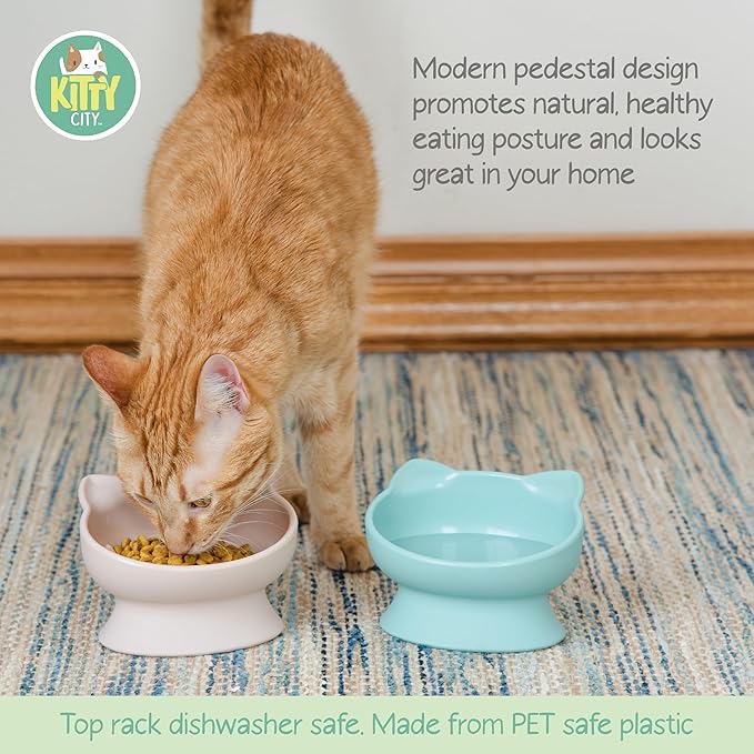 Kitty City Elevated Cat Bowls (Set of 2), Whisker-Friendly Raised Cat Food & Water Dishes, Modern Pedestal Design, Dishwasher Safe, 6.5 oz Each – Pink & Teal