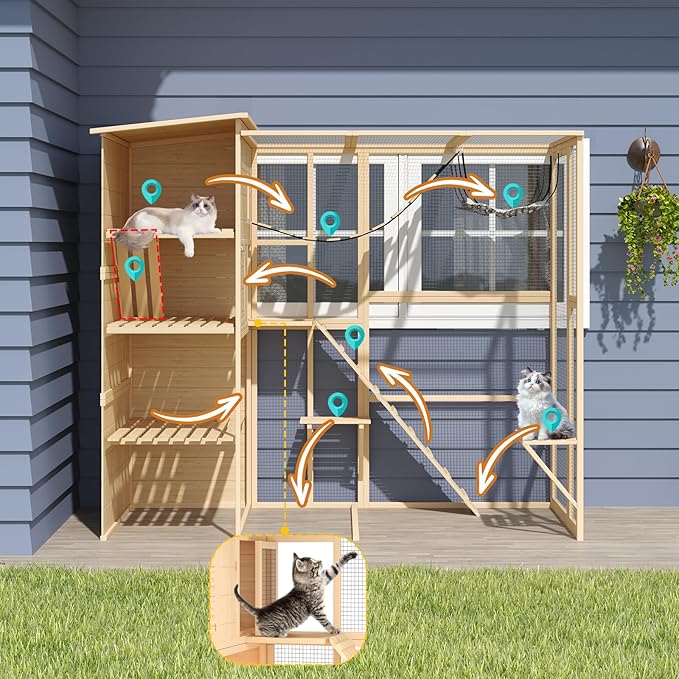 Large 4-Tier Outdoor Cat Enclosure Walk-in Catio with Weatherproof Solid Wood House, Connect to Window, 4 Platforms, 4 Private Resting Rooms & Bridge, for Multiple Cats (Natural)