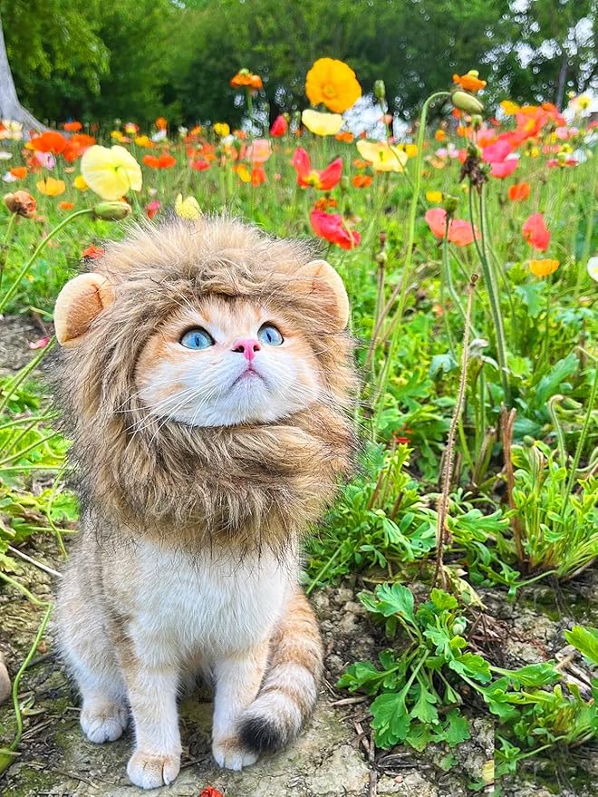 Lion Mane Wig for Cat,Dog and Cat Costume,Funny Pet Cat Costumes for Halloween Christmas, Parties, Photo Shoots (Size S, Melange Brown)