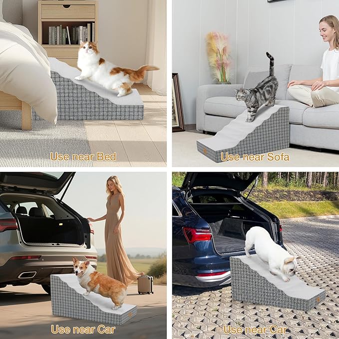 Pets Ramp for High Beds, Small Dogs & Senior Cats - Non-Slip Texture & Machine Washable Cover - Supportive Foam for Joint Comfort, Easy Climb for Couch, Sofa, Furniture (Grey)
