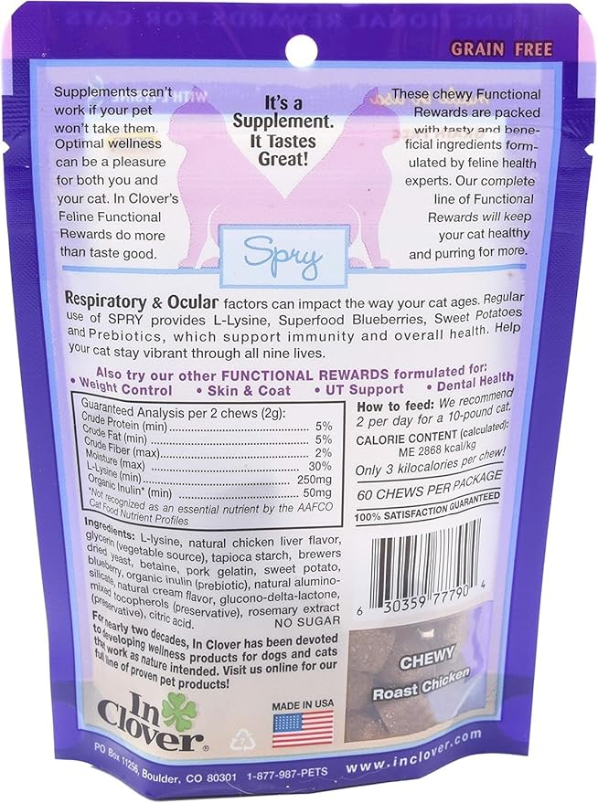 In Clover Spry Daily Respiratory and Ocular Support Soft Chews for Cats, with L-Lysine, Superfoods, and Prebiotics for a Strong Immune System, 2.1 oz. (60 count)