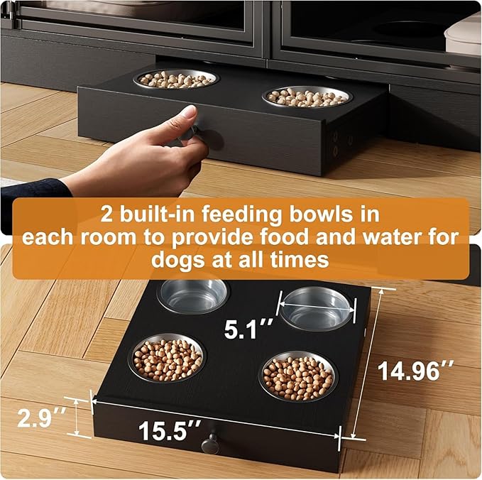 GAOMON Dog Crate Furniture for 2 Dogs, 78.7'' Large Dog Kennel Indoor with 4 Storage Drawers and Feeding Bowls, Double Dog Crate TV Stand for Small and Medium Dogs, Black
