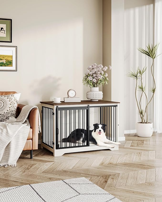 39.4" Heavy Duty Dog Crate Furniture with Barn Door, Wood Indoor Dog Crate Kennel for Small/Medium/Large Dogs, End Side Table, TV Stand, Anti-Chew Anti-Escape, White Brown DFC02314B