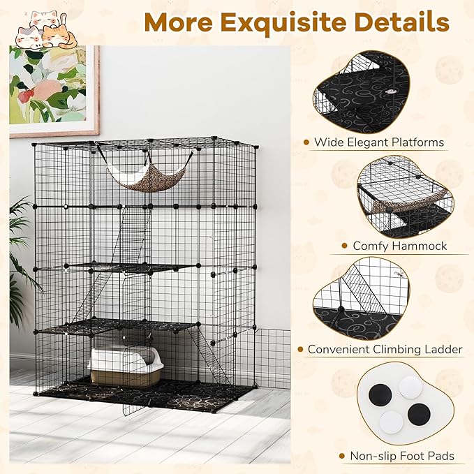 PETSITE 4-Tier Cat Cages Indoor, Metal Wire Cat Enclosure with Extra Large Hammock, 3 Ladders, and 4 Lockable Doors, Detachable Indoor Cat Catio Kennel for 1-4 Cats Kitten, Anti-toppling Kits Included