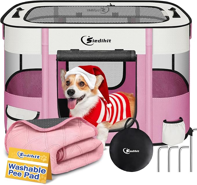 Dog Playpen,Cat Pet Puppy Pen,Portable Playpens for Dogs Indoor Outdoor Travel Camping Use,Foldable Dog Kennel Tent Crate for Rabbit Small Animals with Carrying Case (Pink with Pad, Medium)