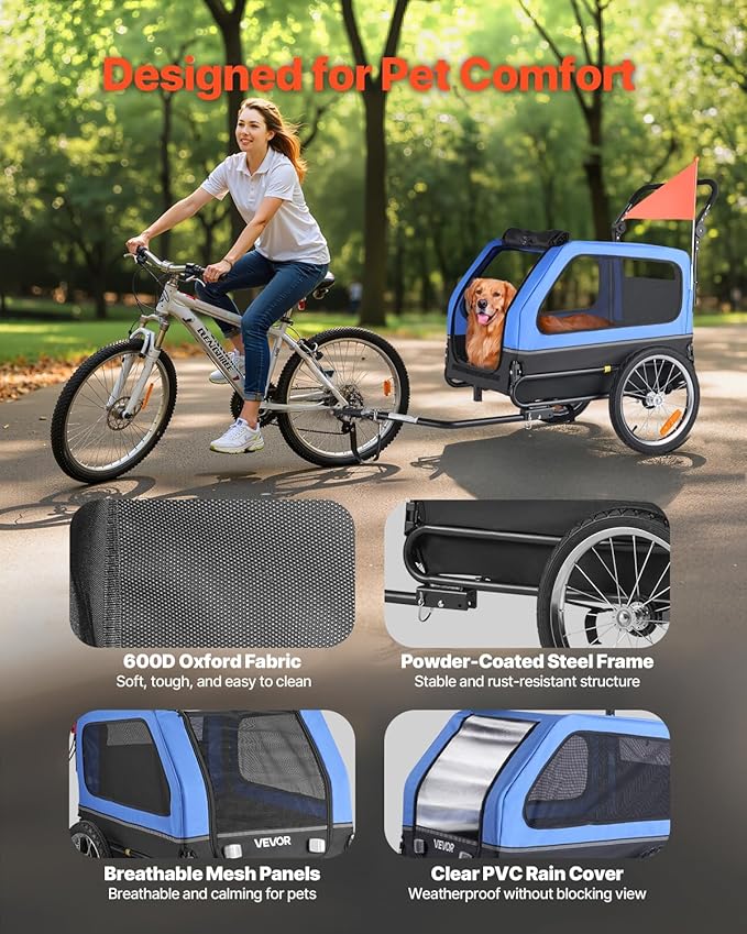 VEVOR Dog Bike Trailer, Supports up to 88 lbs, 2-in-1 Pet Stroller Cart Bicycle Carrier for Small & Large Dogs, Easy Folding Frame with Quick Release Wheel, Universal Bicycle Coupler, Internal Leash