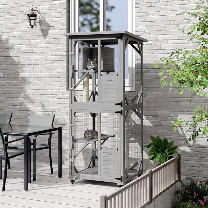 OFIKA Outdoor Catio Cat Enclosure with Waterproof Roof,Platforms,Upgraded Resting Box, 70.4’’cat Houses & Condos on Wheels for Outdoor Patio,Cat Window Box,Scratching Post（Grey0）