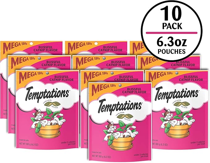 Temptations Cat Treats, Classic Crunchy and Soft Cat Treats, Blissful Catnip Flavor, Catnip Treats, 6.3 oz. Pouch (Pack of 10)