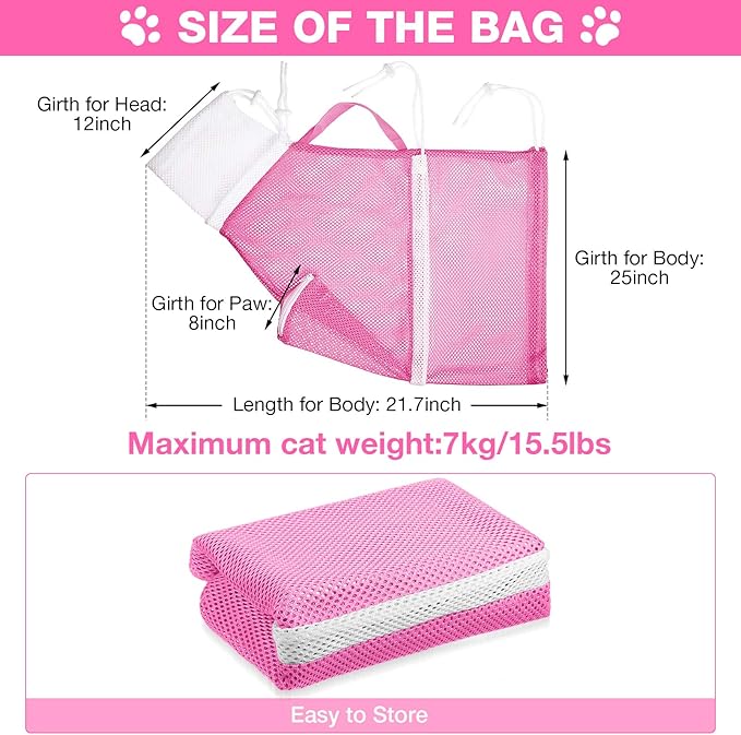 Cat Shower Net Bag Grooming Bathing Adjustable Washing Bag Multifunctional Cat Restraint Accessories Prevent Biting Scratching, Nail Trimming, Ears Clean, Keeping Calm(Pink)