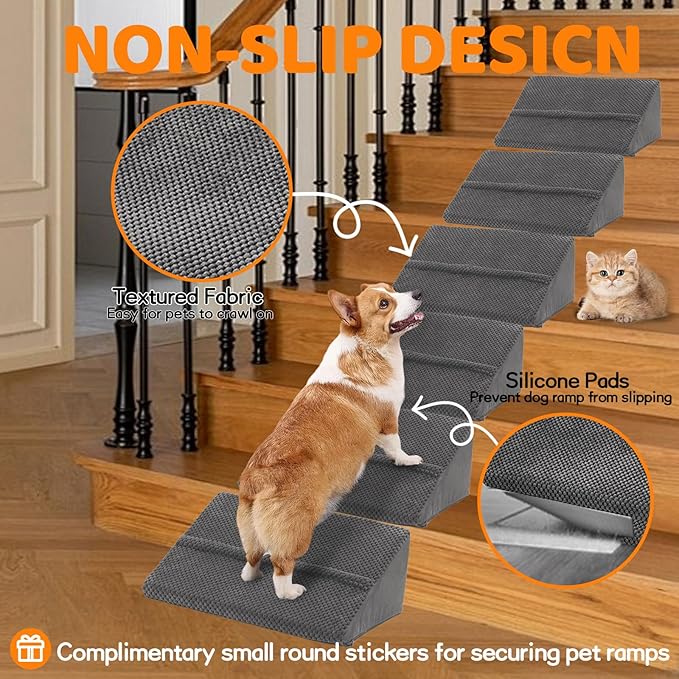 Upgrade Non-Slip Dog Ramps/Stairs for Staircase, Foam Dog Ramps for Stairs Inside House, Foam Pet Ramps for Small Dogs, Stair Ramp for Injured Dogs Cats with Self-Sticky Pads to Fix, 6 Pack