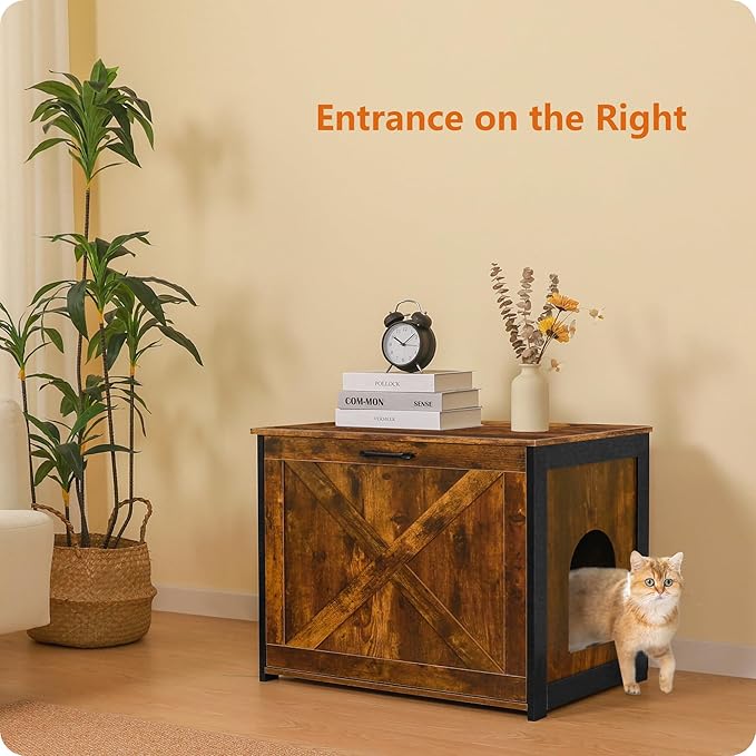 Dwanton Cat Litter Box Furniture Hidden, Cat Litter Box Enclosure, Reversible Entrance Can Be on Left or Right Side, Indoor Cabinet, Wooden Washroom, End Table, Nightstand, Rustic Brown, 27.6" L