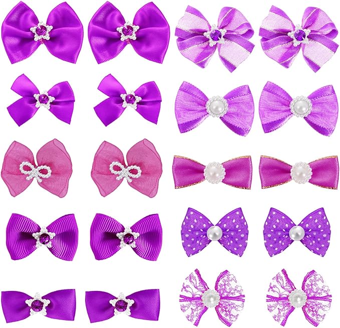 20 PCS Cute Dog Hair Bows with Rubber Bands Elastic Handmade Mix Style Lace Rhinestone Pearls for Furry Puppy Cat Pet Girl, Dark Purple