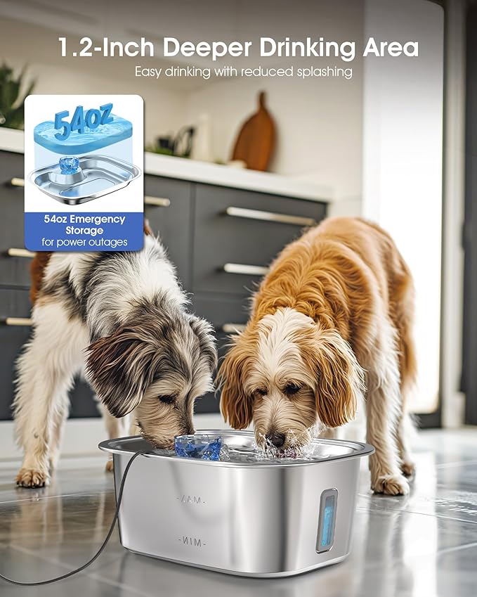 PETNF 3-Gallon Stainless Steel Dog Water Fountain for Large Dogs, Dog Water Bowl Dispenser with 4 Filters, Visible Water Window, Quiet Pump & LED Low-Water Indicator