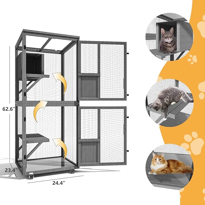 2 in 1 Catio Outdoor Cat Enclosure, 4 Tier Outdoor Cats House with 4 Wheels, Cat Enclosure Window Access with Removable Floor, Upgraded Resting Box, Waterproof Roof, Indoor Pet Cage, Grey