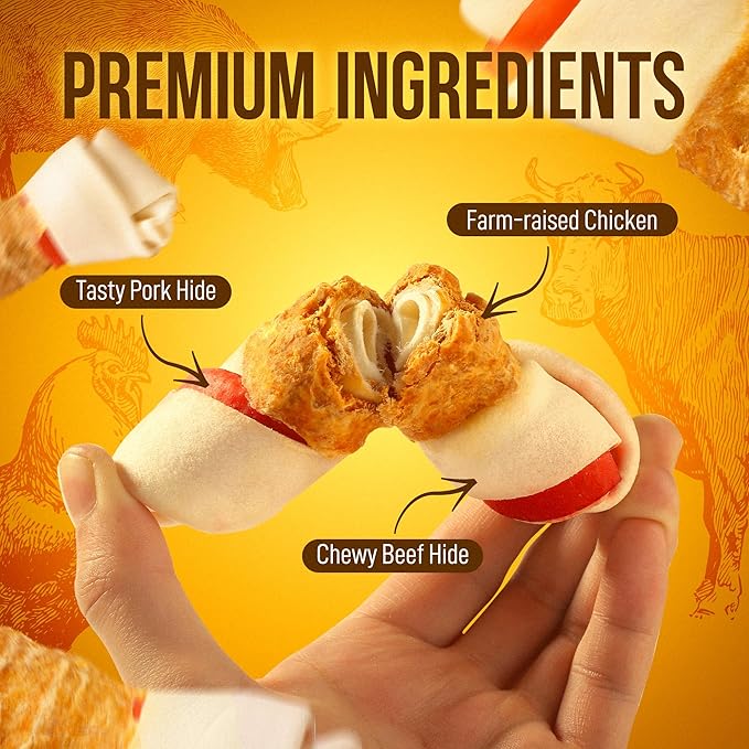 PETPHABET Chicken Wrapped Rawhide Dog Bones, 5-5.5 Inch Long Lasting Dog Chew Treats for Medium & Large Dogs, 5 Count Beefhide Dog Snacks for Training Healthy Chewing, Knotted Dog Bones High Protein