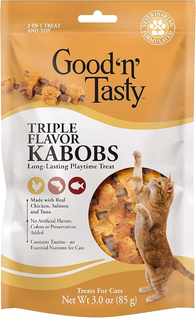 Good ‘n’ Tasty Triple Flavor Kabobs Cat Treat, 3 Ounce Bag, Long-Lasting Playtime Treat for Cats Made with Real Chicken, Salmon & Tuna, 6 Pack