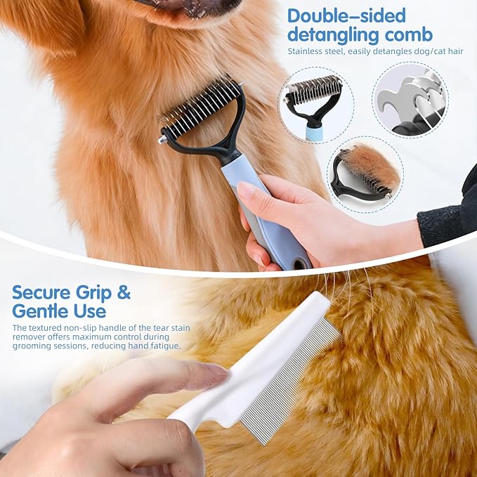 Aglads 3PCS Cat Rabbit Bunny Dog Grooming Kit, Self-Cleaning Slicker Cat & Dog Brush for Shedding, Fine-Needle Comb, Pet Nail Clipper & File for Long/Short-Haired Pets, Easy to Remove Loose (3, blue)