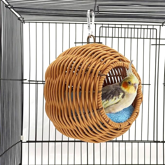 Rattan Bird Nest for Cage，Hanging Parrot Breeding Nesting House Washable Soft Lay Warm Sleep Hut Bird Cage Accessories for Cockatiels Budgerigars Finches Canaries (Circular Opening)