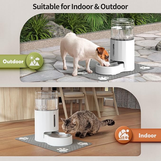 Cat Water Dispenser with Placemat and Stainless Steel Bowl, Automatic Gravity Water Dispenser for Cats or Small Medium Size Dogs, Large Capacity, Easy to Clean and Safe for Pets (4L White)