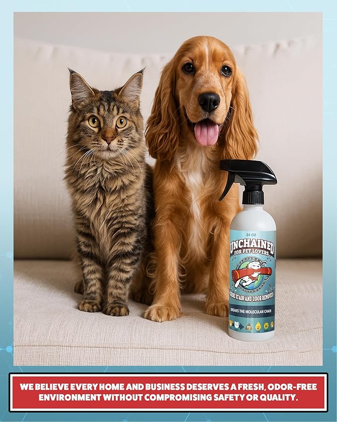 Unchained Pet Urine Stain & Odor Remover Spray – Oxygen-Based Cleaner, Professional Strength for Carpets, Concrete, Furniture, Upholstery – 24oz