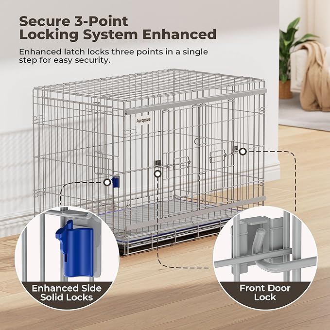 36 Inch Sliding Door Dog Crate - Heavy Duty Collapsible Dog Crates for Medium Dogs (30-70lbs), Double Door Metal Dog Kennel Cage with Soft Mat, Leak-Proof Tray, Easy Foldable & Assembly