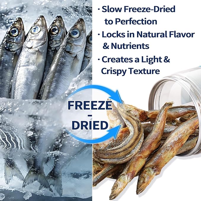 Whole Capelin Cat Treats Freeze Dried - Crunchy Dental Sticks, Single Ingredient Snacks, Rich in Natural Oils for a Glossy Coat & Healthy Skin - No Grains, No Fillers 3.5oz