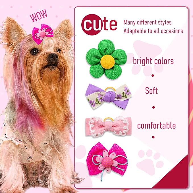 Mruq Small Dog Hair Bows with Rubber Bands, Mix Handmade Cute Puppy Gooming Flower Ball Bows for Holiday Daily Accessories (A339)