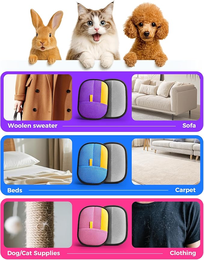 2026 Thickened Electrostatic Pet Hair Removal Gloves (2 Pcs) - Reusable Strong Grooming Gloves for Cats & Dogs, Hair Remover Gloves for Couch, Furniture, Carpet, Car Seats & Clothing Purple