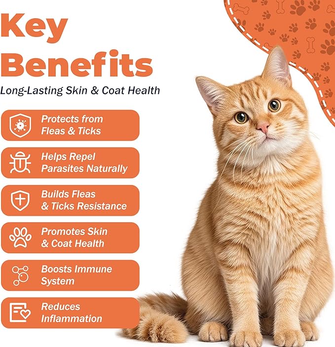 Flea and Tick Prevention for Cats – Cat Flea & Tick Control Supplement with Skin & Coat Support, Natural Formula for Fleas, Immune & Digestive Support – 200 Chews