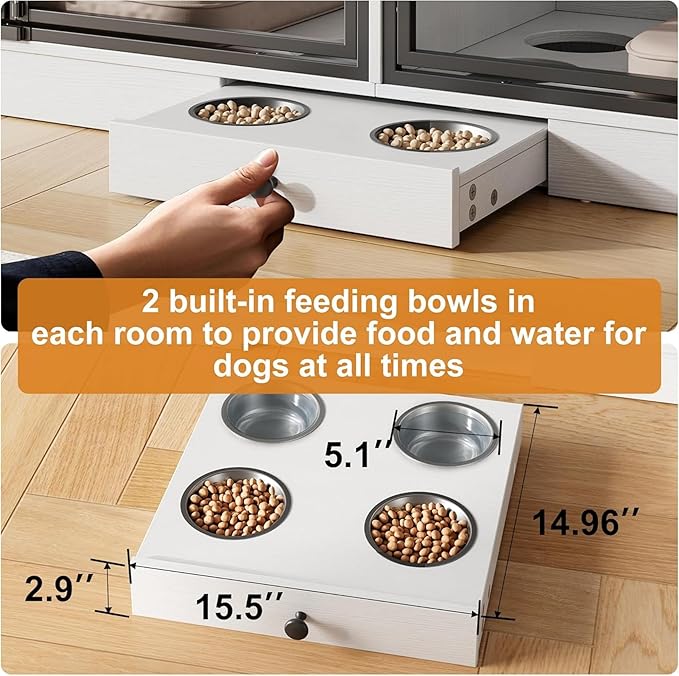 GAOMON Dog Crate Furniture for 2 Dogs, 78.7'' Large Dog Kennel Indoor with 4 Storage Drawers and Feeding Bowls, Double Dog Crate TV Stand for Small and Medium Dogs, White