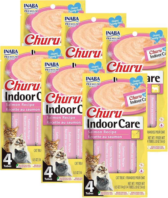 INABA Churu Indoor Care for Hairball Control, Functional Lickable Cat Treat with Taurine & Green Tea Extract, 0.5oz Each, 24 Tubes Total, Salmon Recipe