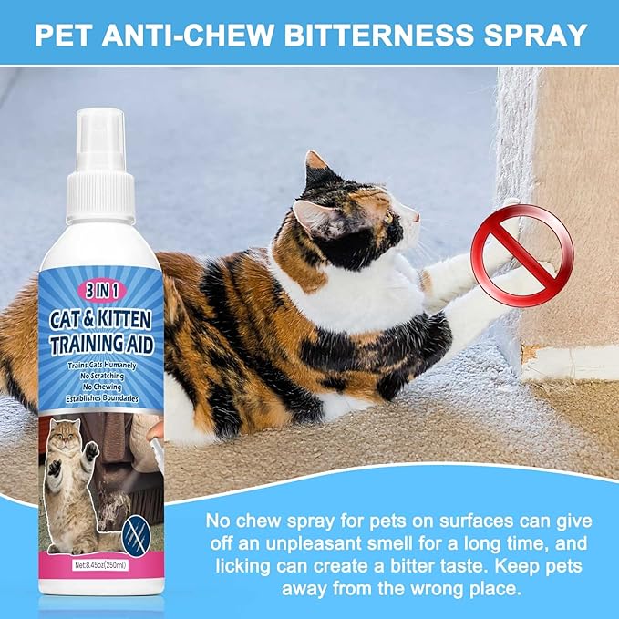 Natural Cat Deterrent Spray, 8.45 FL Oz Cat Repellent Indoor for Cat and Kitten, Anti-Scratch Cat Training Spray for Furniture, Curtain, Floor & Plant, Indoor & Outdoor Use