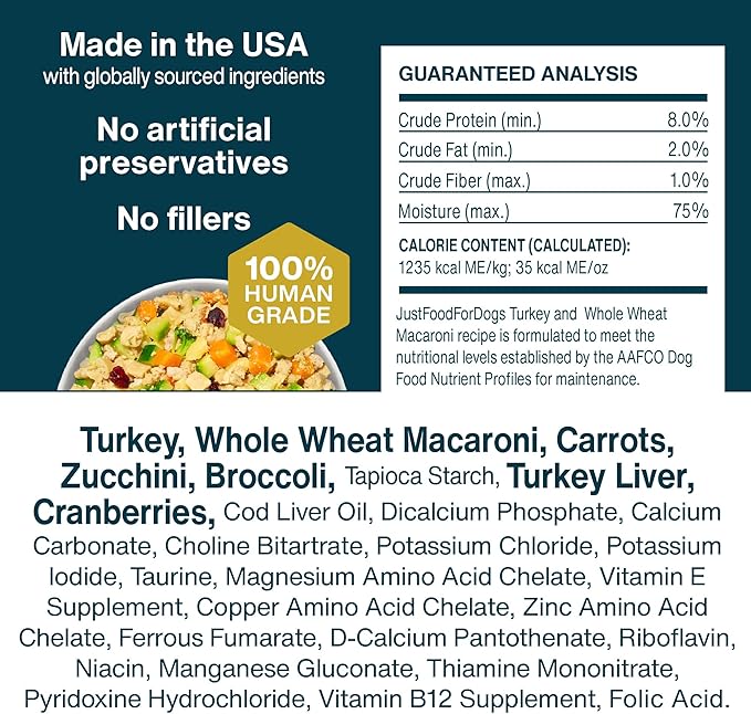 JustFoodForDogs Pantry Fresh Wet Dog Food Complete Meal or Dog Food Topper, Turkey & Whole Wheat Macaroni Human Grade Dog Food Recipe - 12.5 oz (Pack of 12)