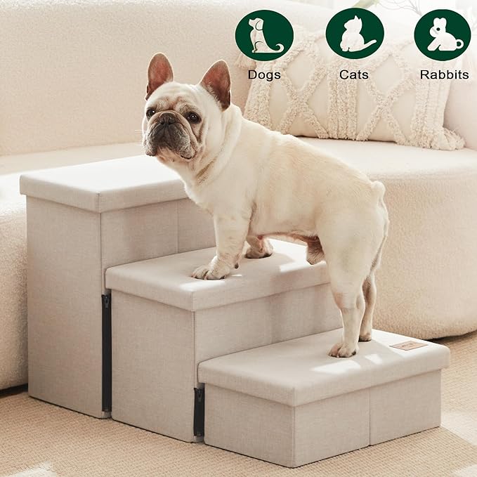 Love's cabin Dog Stairs for High Bed 18" H, Foldable Pet Stairs for Small Medium or Large Dogs Puppy with Storage for Bed or Couch, Cat Dog Steps Ramp with Zip up to 200 lbs, Beige, 3 Steps