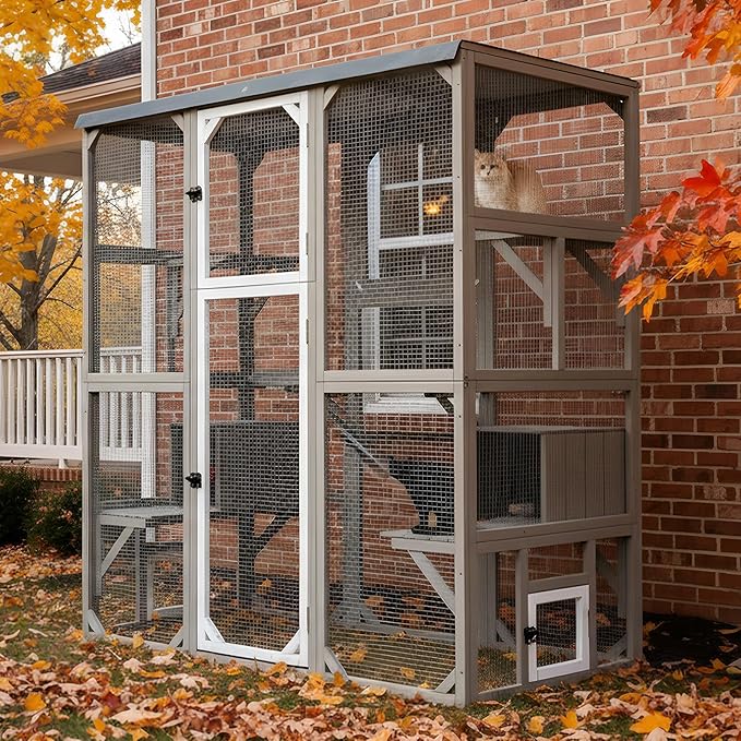 Large Outdoor Cat Catio Enclosures, Wooden Catio Window Cat Patio for Cats Feral with 5 Platforms, 2 Resting Rooms, Waterproof Cover