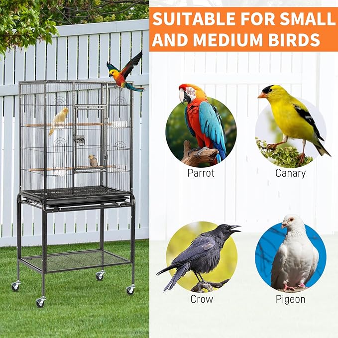 Outvita Bird Cage, 53" Large Metal Flight Bird Cage with Rolling Stand & Storage Shelf for Parrots Lovebird Cockatiel Parakeets Pigeon(Black)
