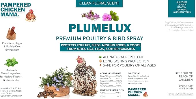 PlumeLux Herbal Poultry & Bird Feather Spray to Prevent & Repel Mites by Pampered Chicken Mama | for Chickens, Ducks, Geese, Quail, Gamefowl, & Other Birds (16, Ounces)