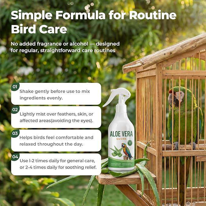 Aloe Vera Spray Bird, Bird Bath Mist for Parrots, Cockatiels, Conures & Finches, Helps Ease Dry Itchy Skin, Moisturizes Feathers, Supports Molting Comfort, Odor-Free, 8.5 fl oz (251 mL)