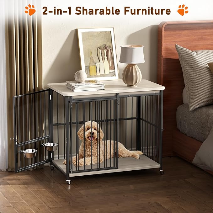 Dog Crate Furniture, 41’’ Wooden Dog Kennel Indoor with Sliding Front Door, Multi-Side Openings & Feeding Window Pet Cage House as TV Stand, End Table(Beige)