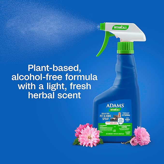 ADAMS Botanicals Flea & Tick Pet & Home Spray, Flea Spray for Dogs, Cats, Puppies, & Kittens, Indoor Home Treatment, Kills Fleas & Ticks on Pet Bedding and Furniture, 16 oz