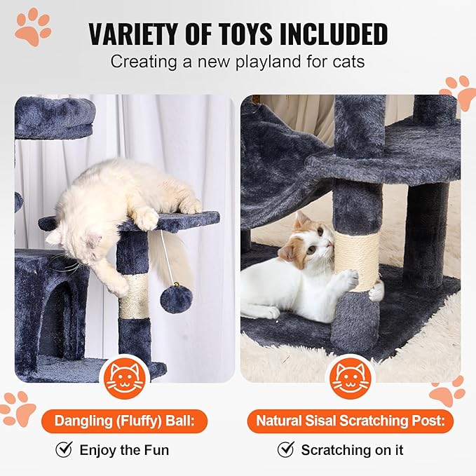 VEVOR Cat Tree for Indoor Cats, 63" Cat Tower with 2 Cat Condos, Sisal Scratching Post, Hammock, Top Perch, Jumping Platforms, Large Cat Furniture Activity Center with Hang Ball, Dark Grey