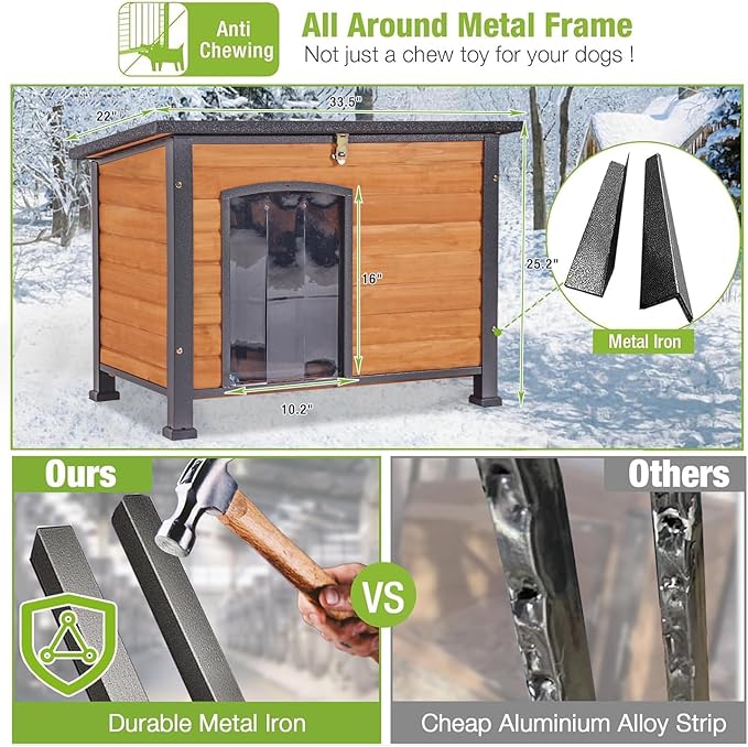 GUTINNEEN Chew Proof Dog House with Metal Iron Frame Outdoor Dog Kennel for Small Medium Large Indoor Dog Cage (33.5" L,Brown Color)