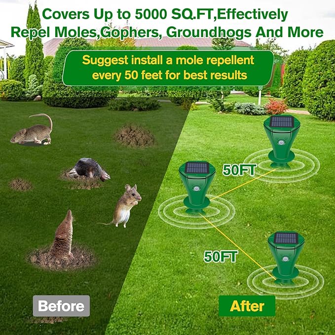 Mole Repellent Solar Powered Ultrasonic,Deer Repellent Devices,Gopher Trap Groundhog Repeller,Sonic Spikes Get Rid of All Pests Vole, Chipmunk,Cat,Skunk,Snake,Mole Trap for Lawn, Garden Yard (6P)